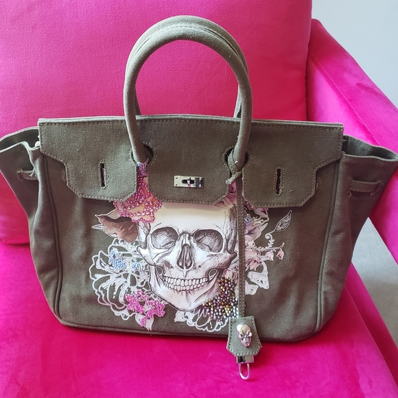 Army green, skull satchel, made in France - Picture 5 of 6